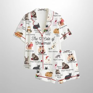The 12 Cats Of Christmas Cute Cats Lover Satin Pajama Set