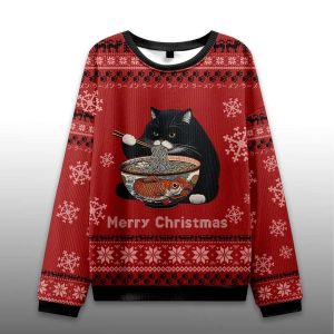 Fat Cat Eating Ramen Ugly Christmas Sweater