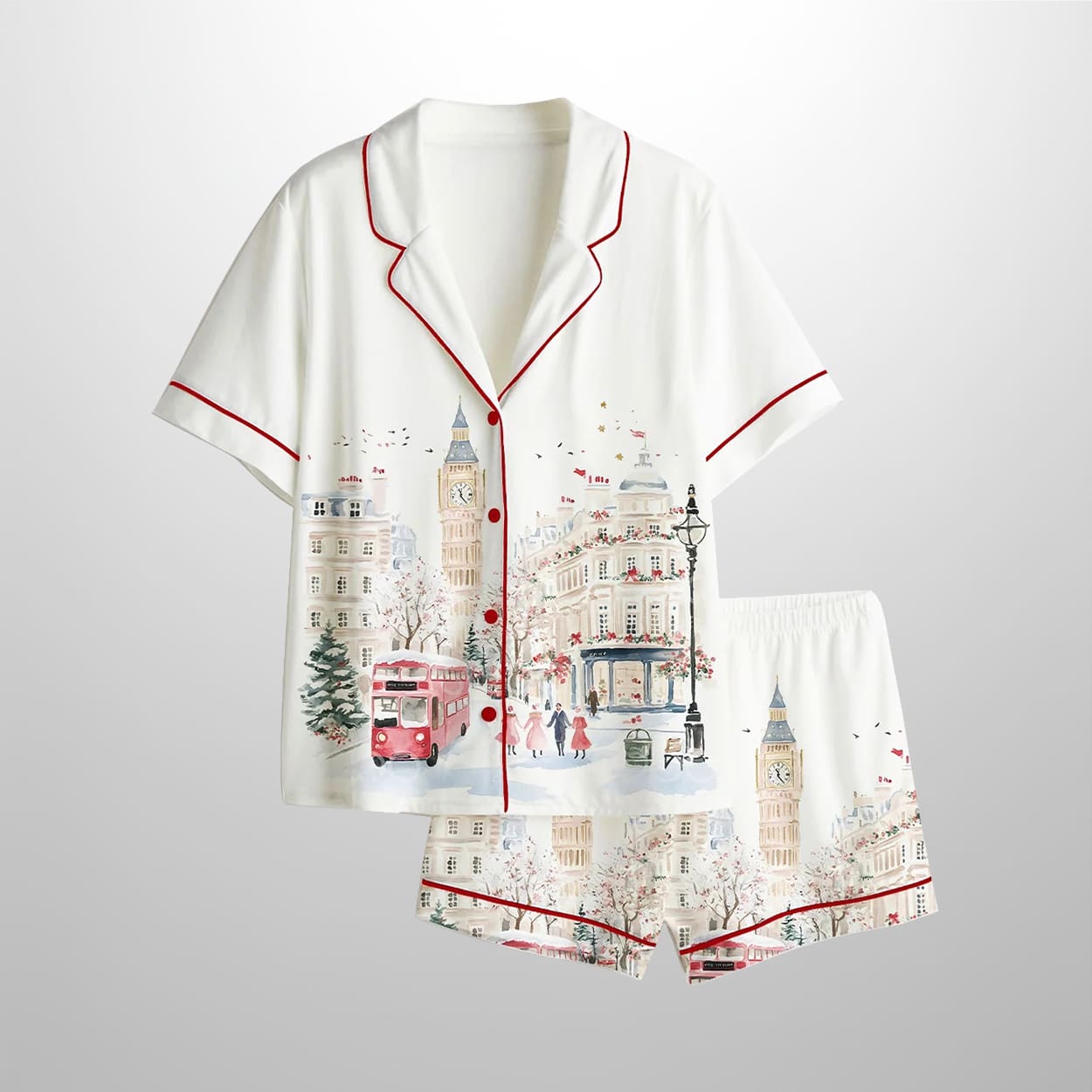 Watercolor Christmas In London Winter Satin Pajama Set Watercolor Christmas In London Winter Satin Pajama Set