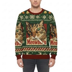 Funny Meowboro Smoking Cat Meme Green Ugly Christmas Sweater