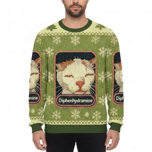 Green Drowsy Cat Meme Diphenhydramine Ugly Christmas Sweater