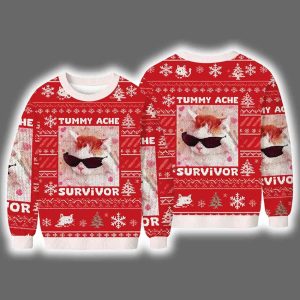 Tummy Ache Survivor Funny Cat Meme Ugly Christmas Sweater