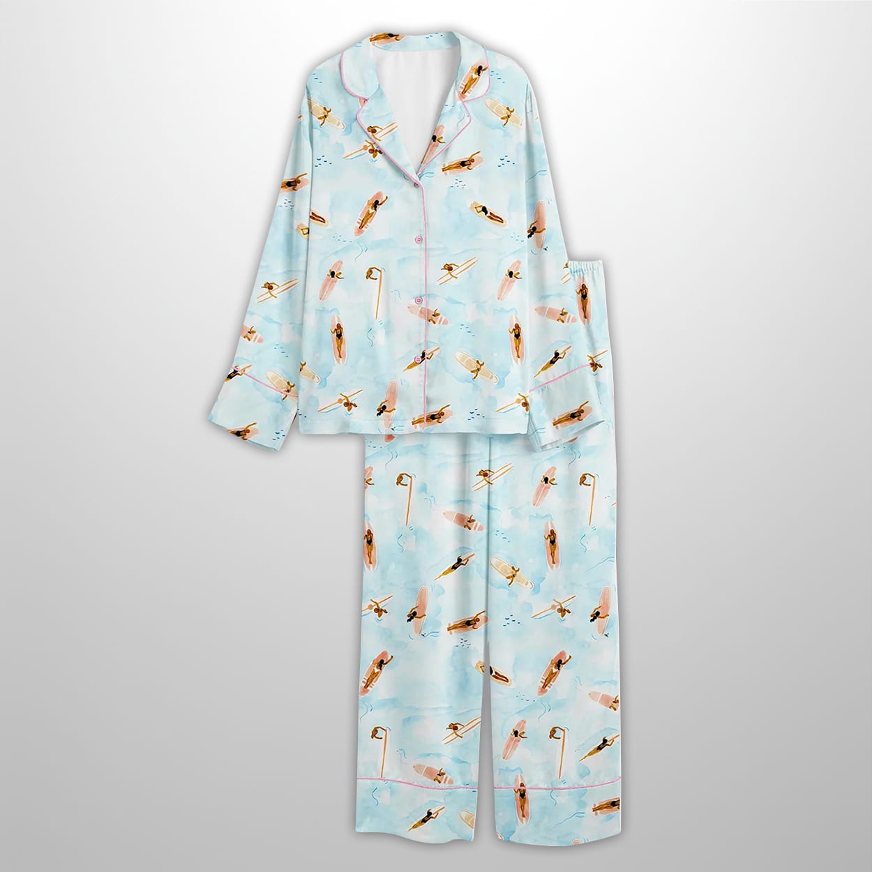 Aerial Surfers Beach Boho Coastal Art Print Satin Pajama Set 3 Aerial Surfers Beach Boho Coastal Art Print Satin Pajama Set 3