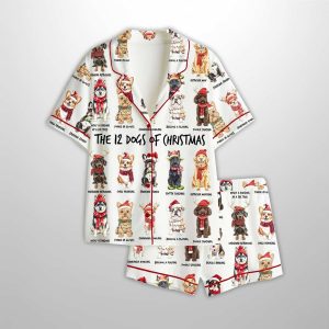 Retro 12 Dogs Of Christmas Dog Lover Satin Pajama Set