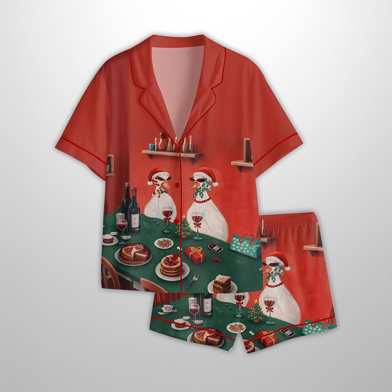 Funny Duck Cheese And Wine Scene Christmas Holiday Party Satin Pajama Set Funny Duck Cheese And Wine Scene Christmas Holiday Party Satin Pajama Set