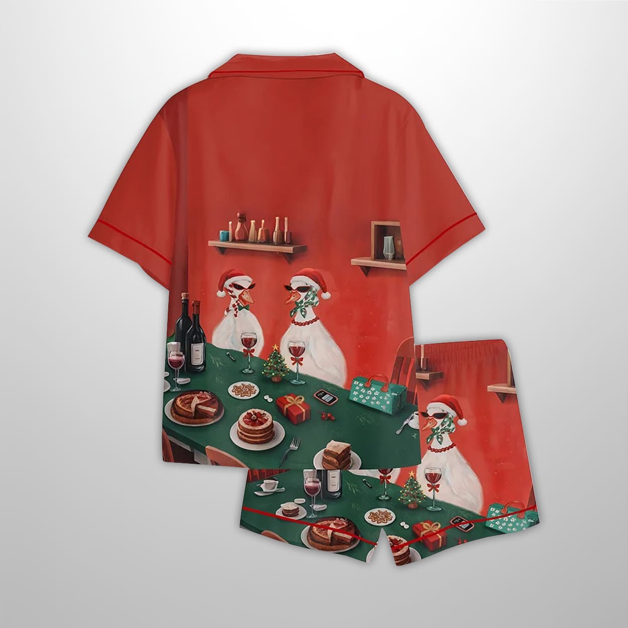 Funny Duck Cheese And Wine Scene Christmas Holiday Party Satin Pajama Set 2 Funny Duck Cheese And Wine Scene Christmas Holiday Party Satin Pajama Set 2