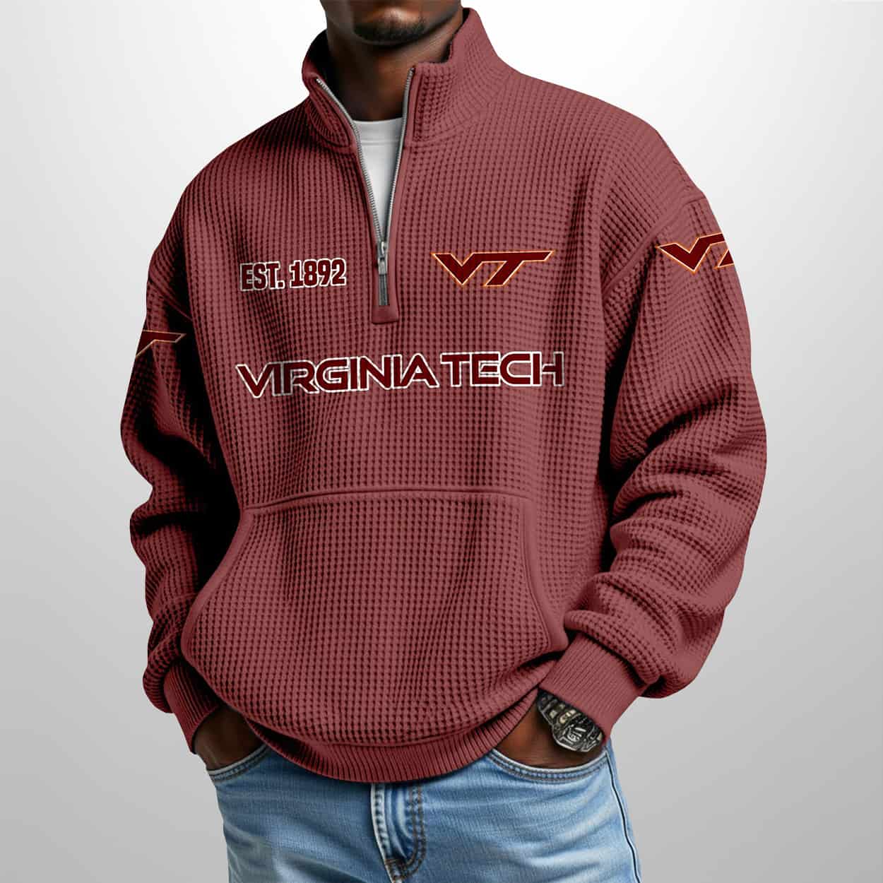 Virginia Tech Est 1892 Waffle Stand Collar Half Zip Sweatshirt Virginia Tech Est 1892 Waffle Stand Collar Half Zip Sweatshirt