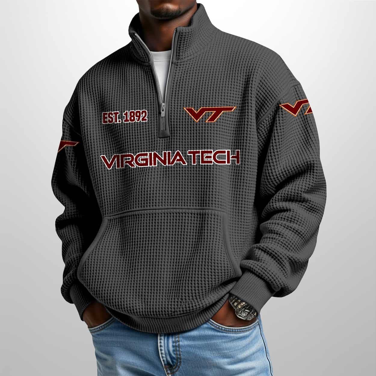 Virginia Tech Est 1892 Waffle Stand Collar Half Zip Sweatshirt 2 Virginia Tech Est 1892 Waffle Stand Collar Half Zip Sweatshirt 2