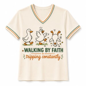 Womens Walking by Faith Tripping Constantly Goose Print Christian Inspirational V Neck Tee