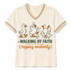 Womens Walking by Faith Tripping Constantly Goose Print Christian Inspirational V Neck Tee